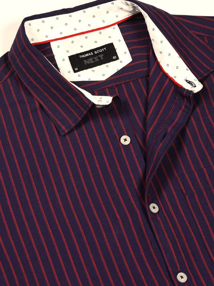 Thomas Scott Men Smart Spread Collar Vertical Striped Cotton Slim Fit Casual Shirt