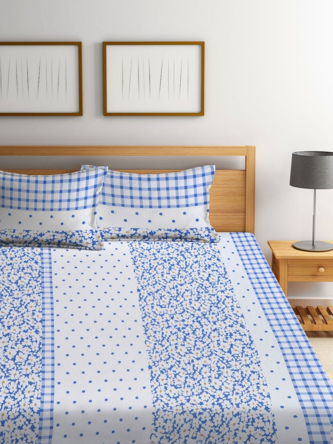 Myntra Elegant Homes White Floral Polycotton 300 TC Fitted King Fine Bedsheet dengan 2 Sarung Bantal-98 x 87 inci