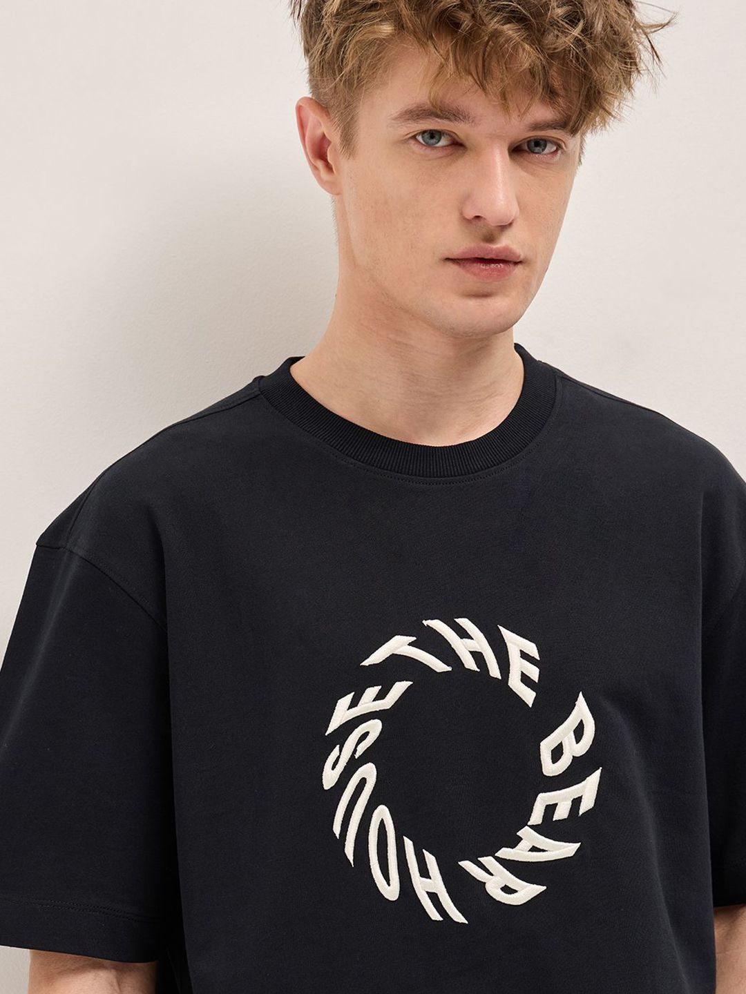 THE BEAR HOUSE Men Typography Printed Round Neck Cotton Oversized T-shirt