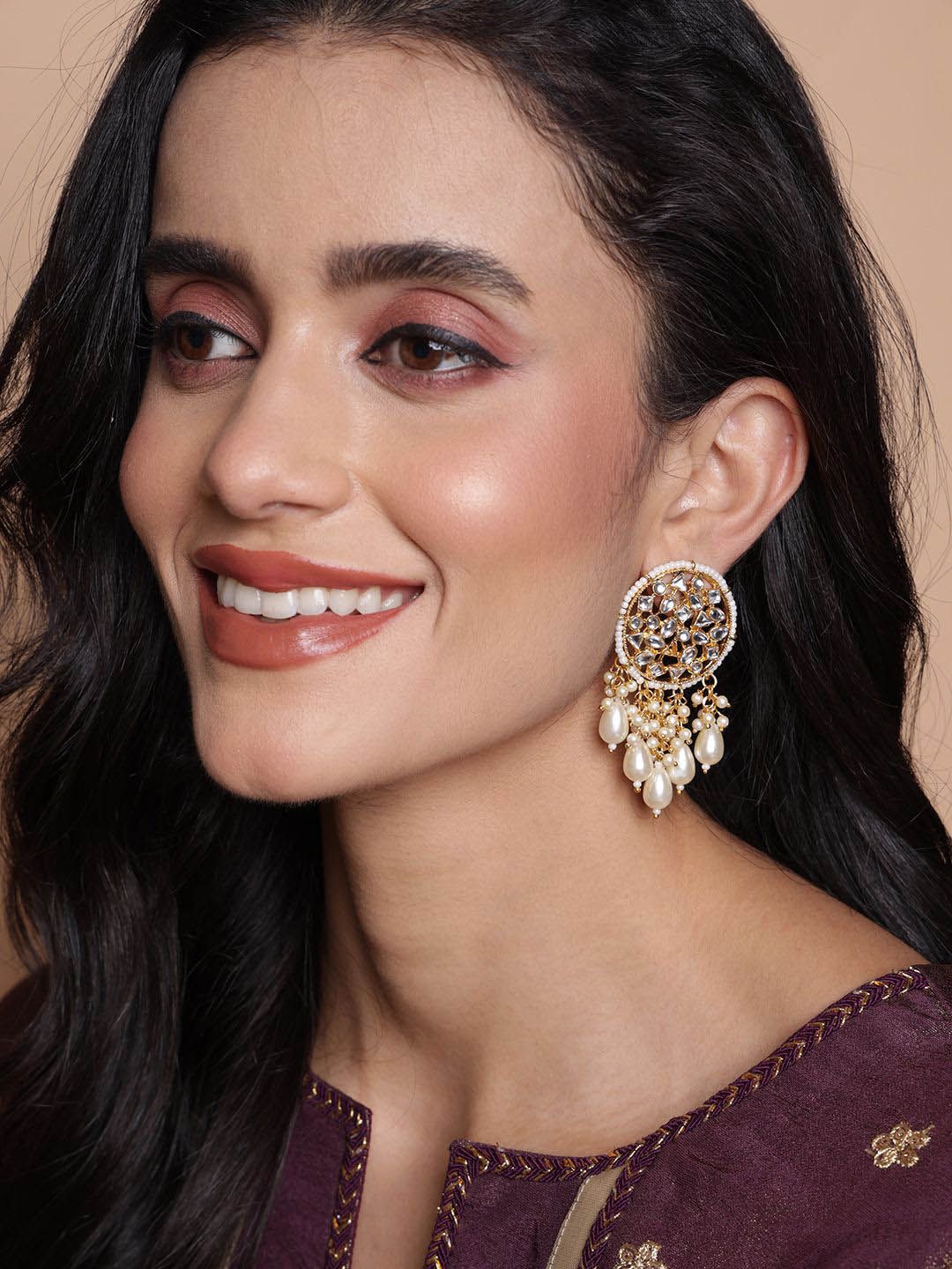 PANASH Gold Plated Kundan Contemporary Drop Earrings
