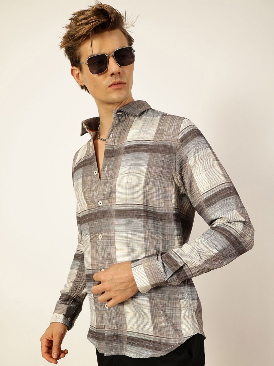Thomas Scott Men Premium Slim Fit Tartan Checks Opaque Checked Casual Shirt