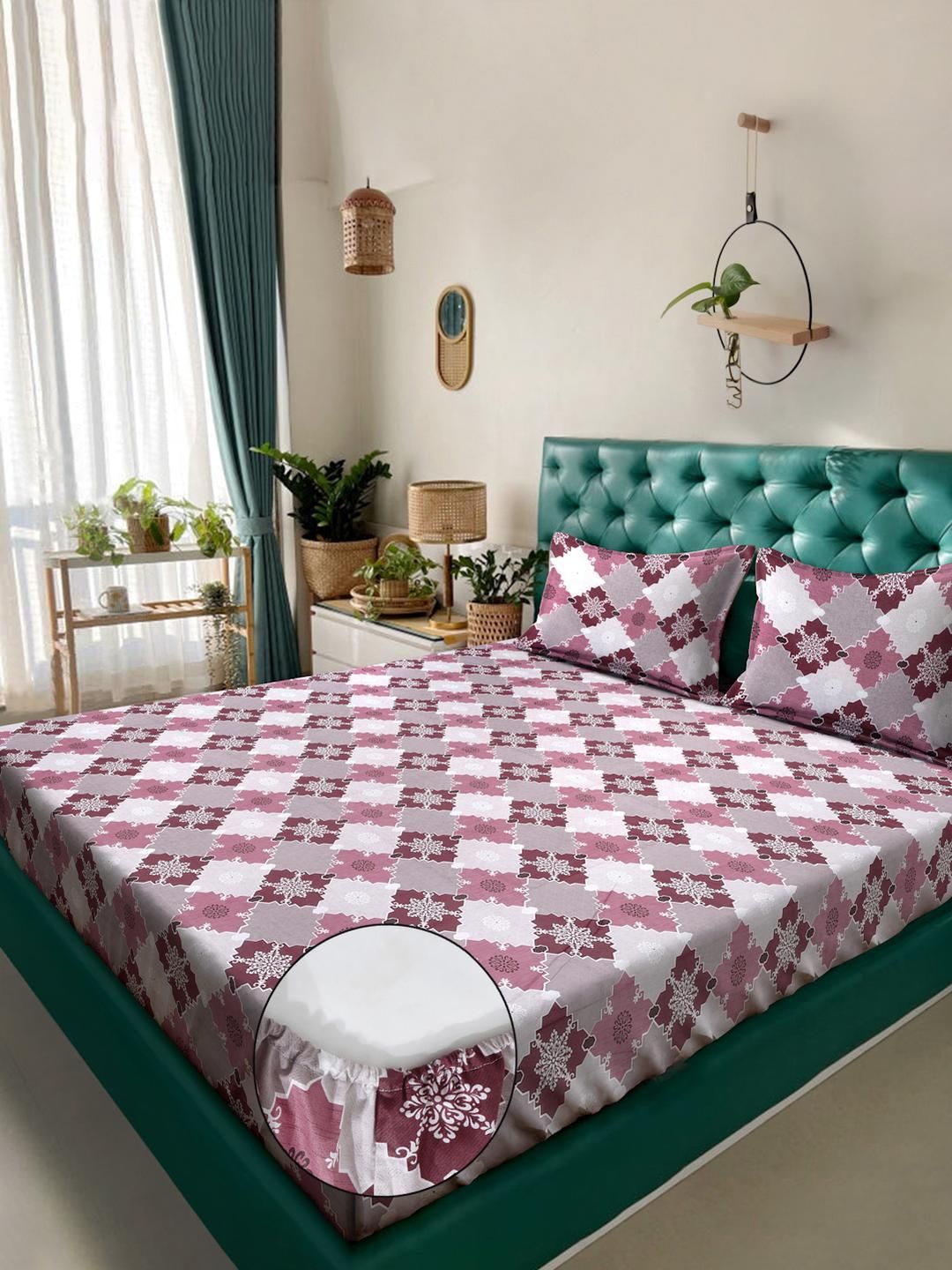 KLOTTHE Pink & Kelabu Geometric Printed 400 TC Cotton Set Cadar King 2.50 m x 2.25 m
