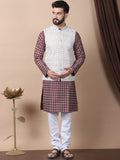 Kurta Kolar Mandarin Bercetak Motif Etnik Maroon dengan Jaket Churidar & Nehru