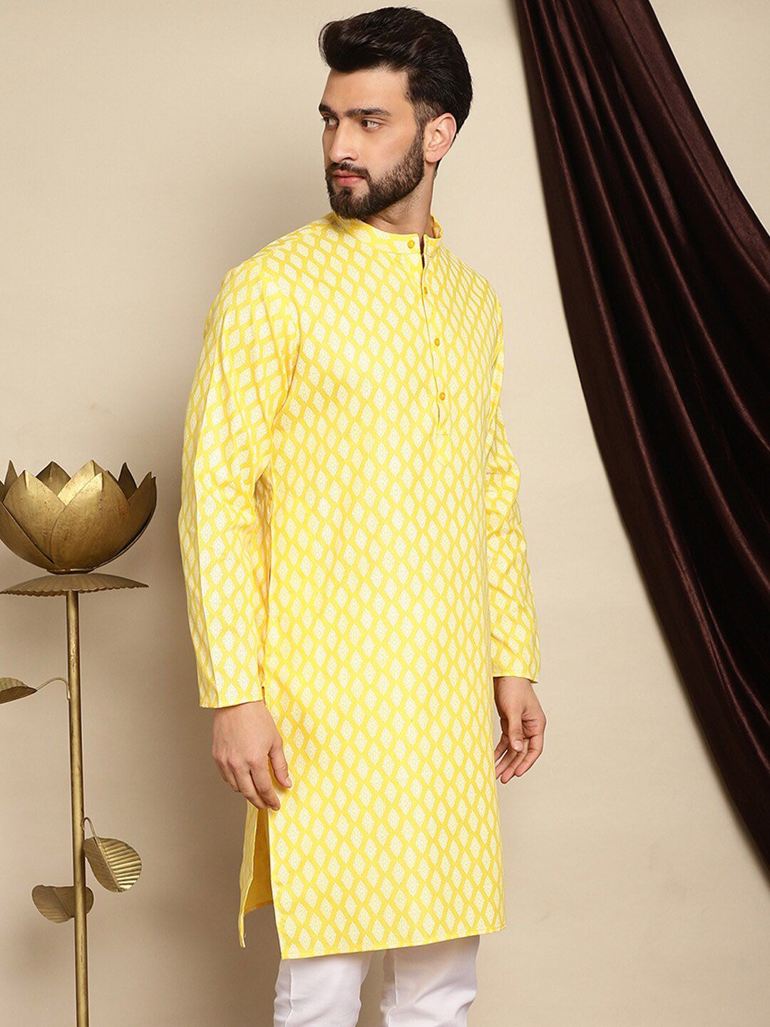 Anouk Yellow Ethnic Motifs Printed Band Collar Kurta