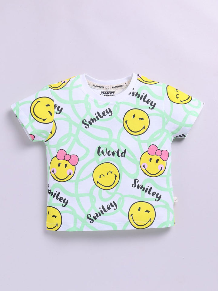 Happy Faces Kids Girls Smiley Printed Pure Cotton T-Shirt