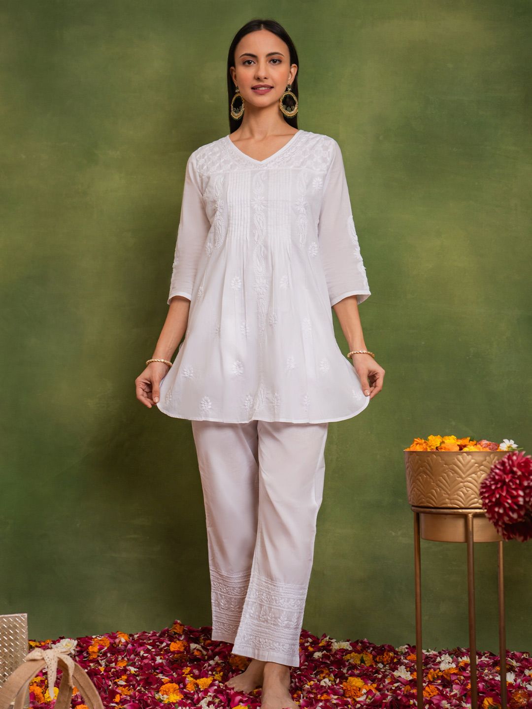 HOUSE OF KARI Floral Embroidered V-Neck Chikankari Pure Cotton A-Line Kurti