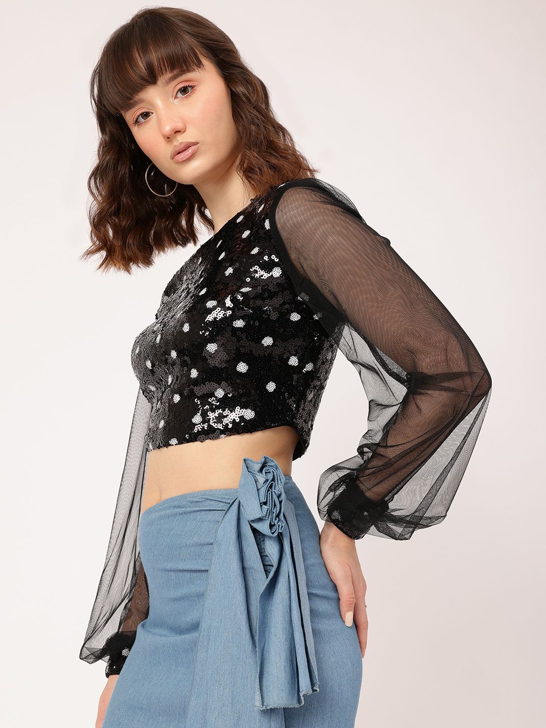 DressBerry Retro Rave Sequined Sheer Detail Crop Top