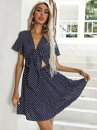 DressBerry Polka Dot Print Flared Sleeve A-Line Dress