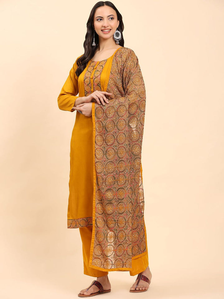 Mamicha Women Ethnic Motifs Embroidered Regular Thread Work Pure Cotton Kurta with Palazzos & With Dupatta
