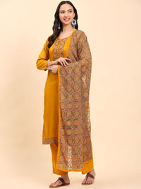 Mamicha Women Ethnic Motifs Embroidered Regular Thread Work Pure Cotton Kurta with Palazzos & With Dupatta