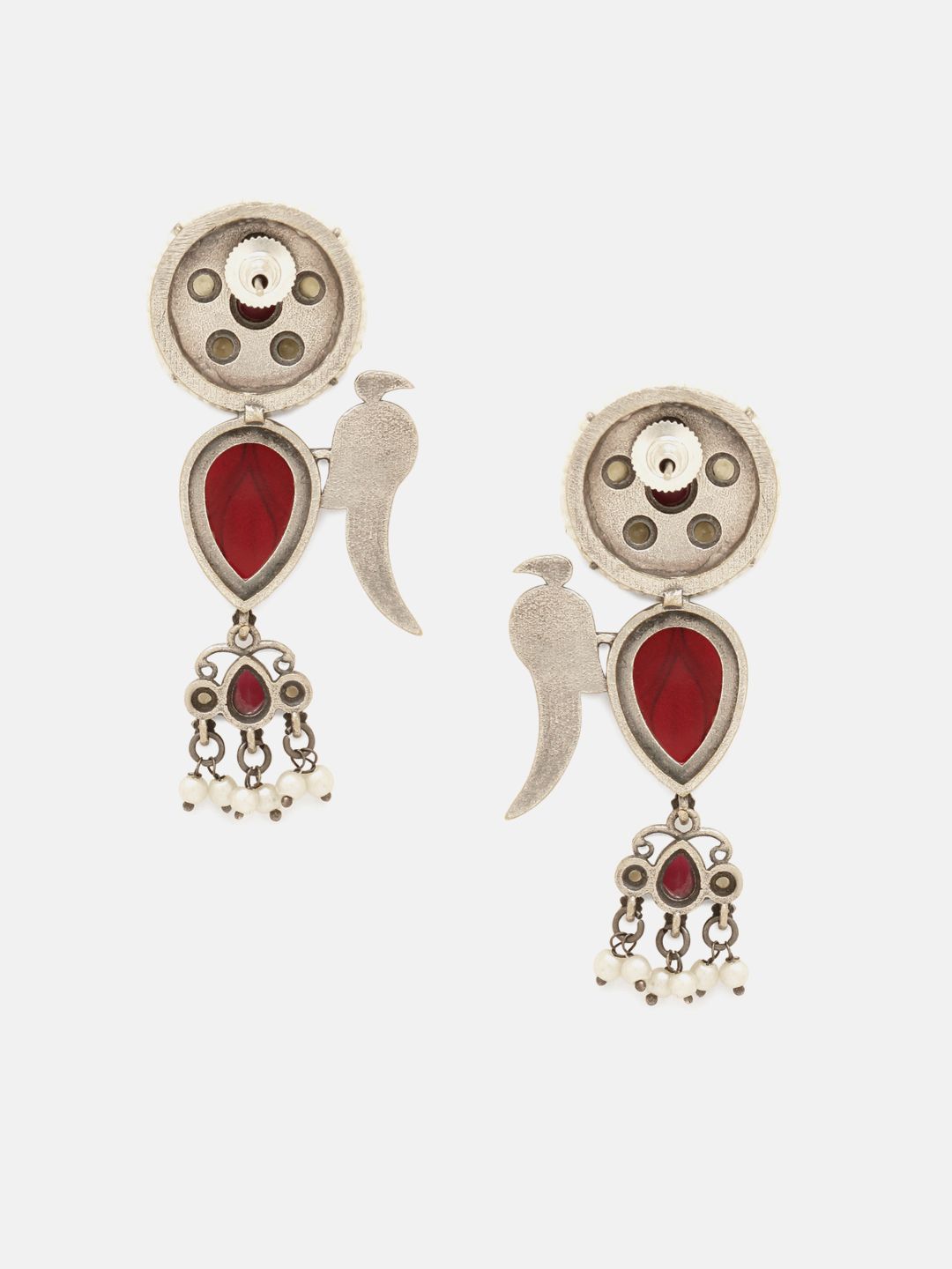 Priyaasi Silver-Plated Faux Ruby Studded Oxidised Contemporary Drop Earrings