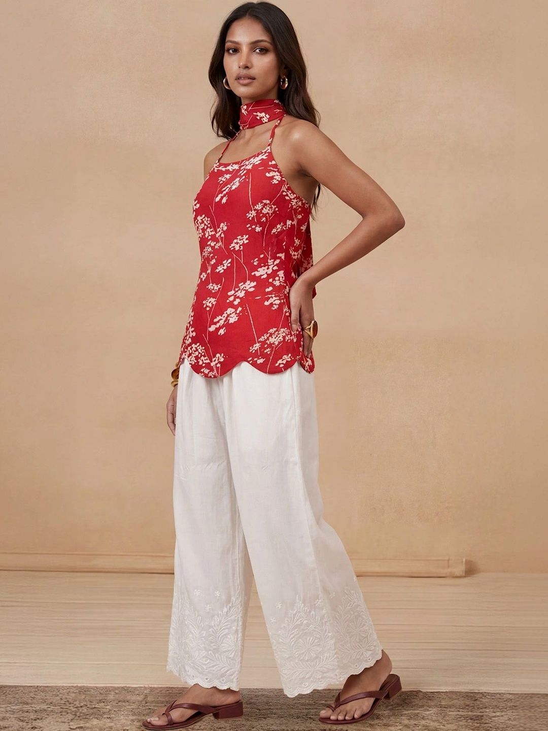 House of Chikankari Women Floral Printed Halter Neck Floral Kurta