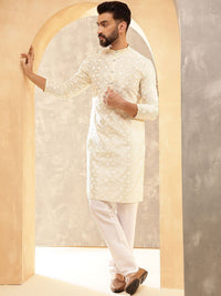 Anouk Cream & White Band Collar Floral Sulam Kurta Lurus