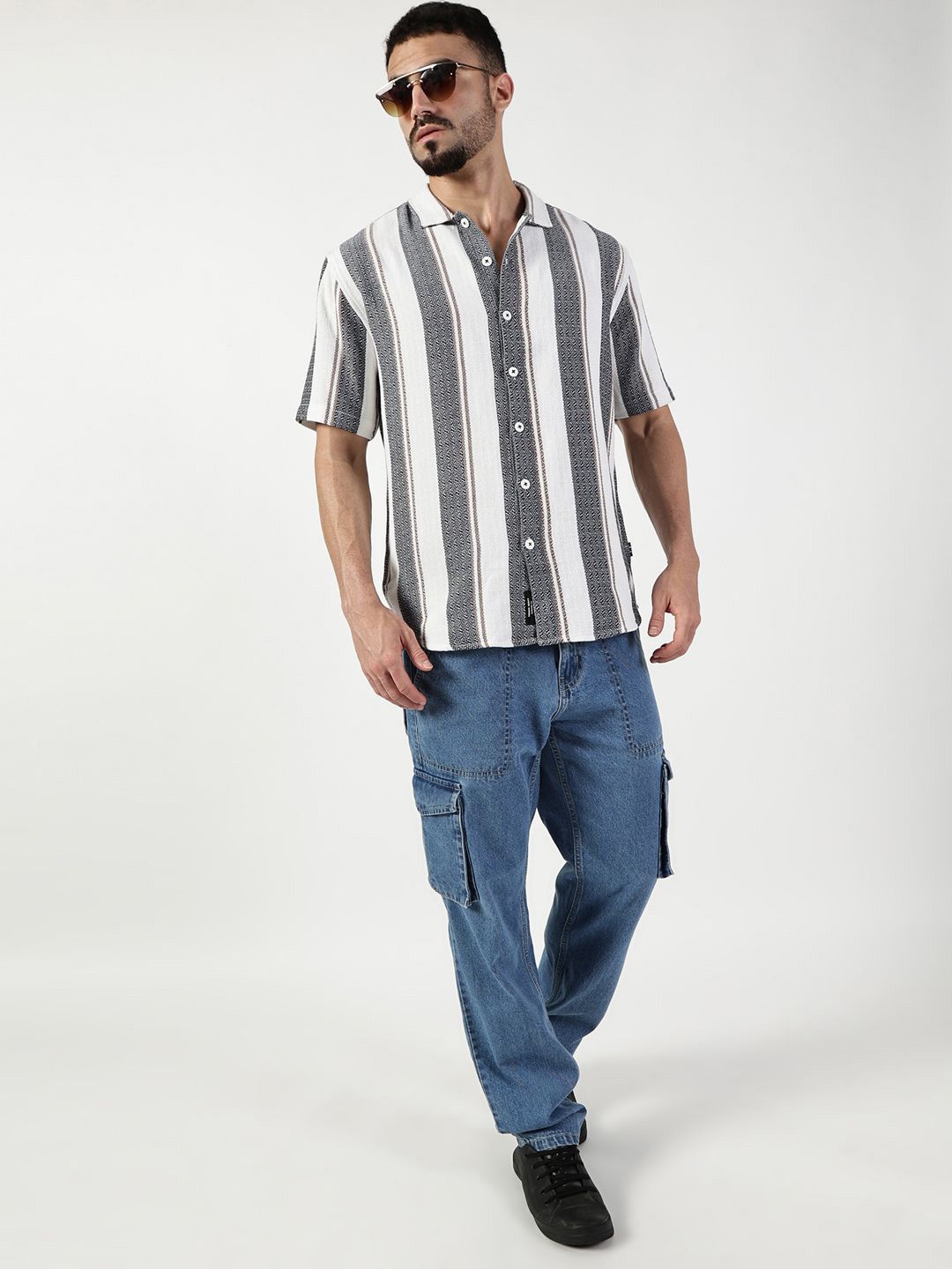 Thomas Scott Men Premium Spread Collar Vertical Striped Cotton Slim Fit Casual Shirt