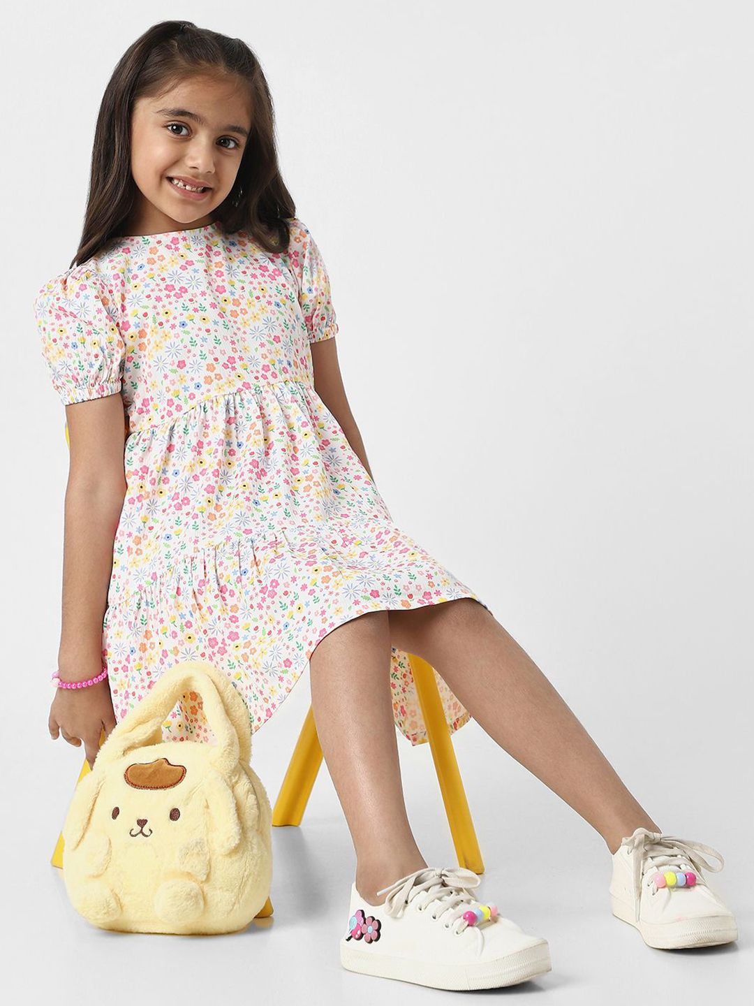 Nauti Nati Girls Floral Print White Cotton Frock