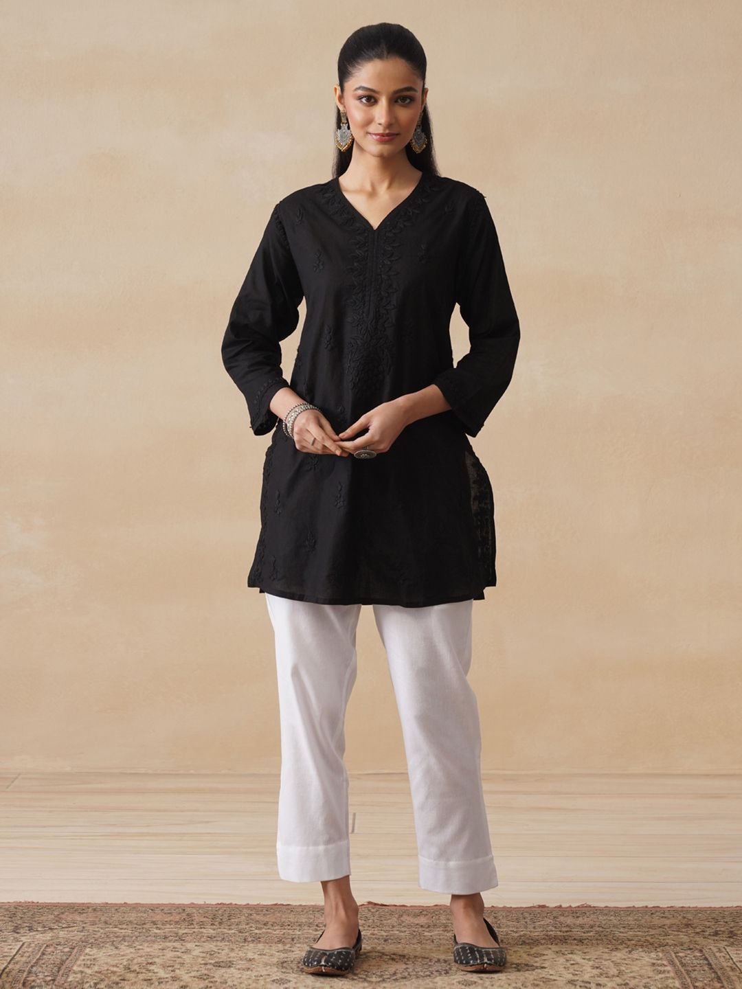 Rumah Chikankari Wanita Kapas Hitam Chikankari Sulam Kurti