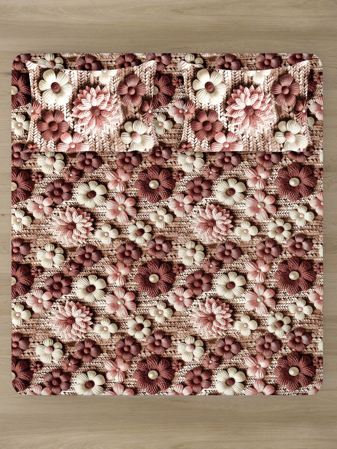 KLOTTHE Coklat Floral Printed Dilengkapi 300 TC King 7D Cadar Dengan 2 Sarung Bantal