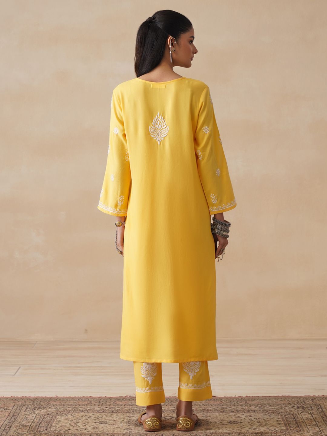 House of Chikankari Women Yellow Rayon Chikankari Embroidered Kurta Set