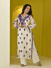 Rumah Wanita Chikankari Purple Kota Chikankari Sulam Kurta