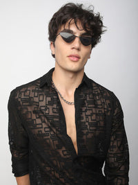 VASTRADO Men Classic Spread Collar Geometric Self Design Slim Fit Casual Shirt