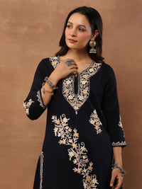 House of Chikankari Women Black Woolen Aari Sulam Kurta