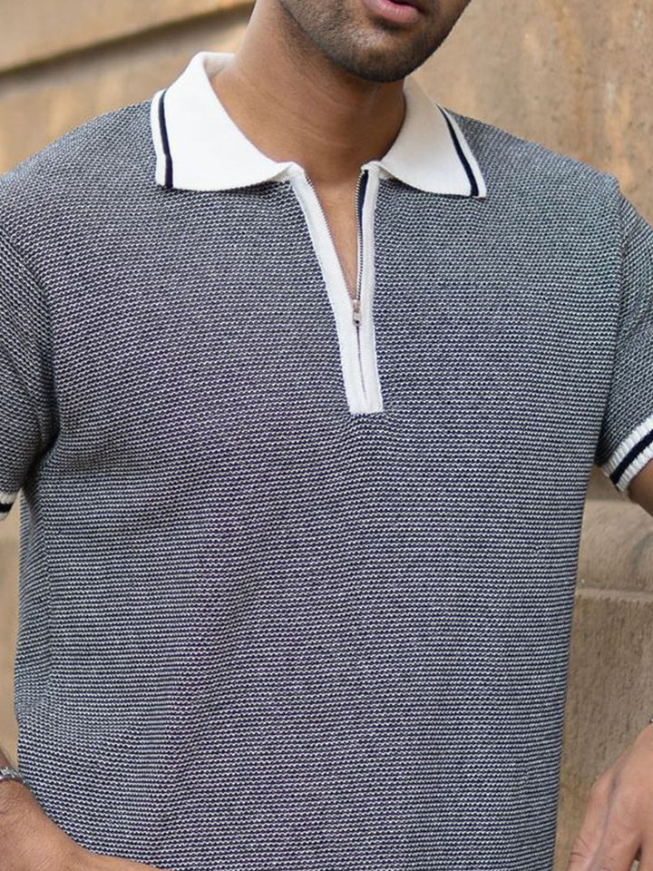 Powerlook Men Black Knitted Zipper Polo Collar Regular Fit T-shirt