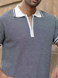 Powerlook Men Black Knitted Zipper Polo Collar Regular Fit T-shirt