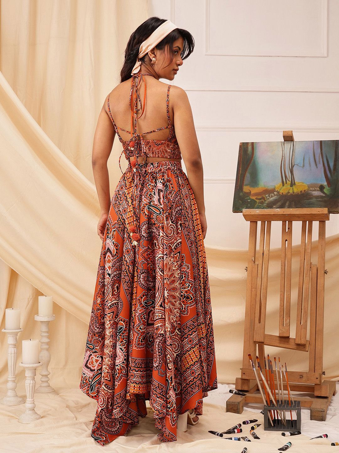 QUIERO Ethnic Motifs Printed Crepe Cut-Outs Fit & Flare Maxi Dress