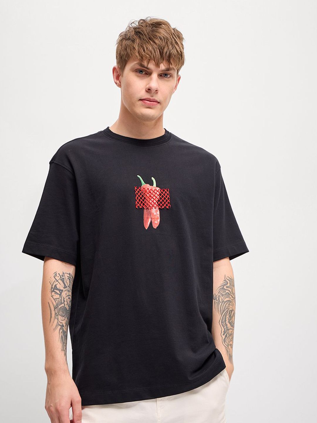 THE BEAR HOUSE Men Graphic Printed Round Neck Cotton Oversized T-shirt