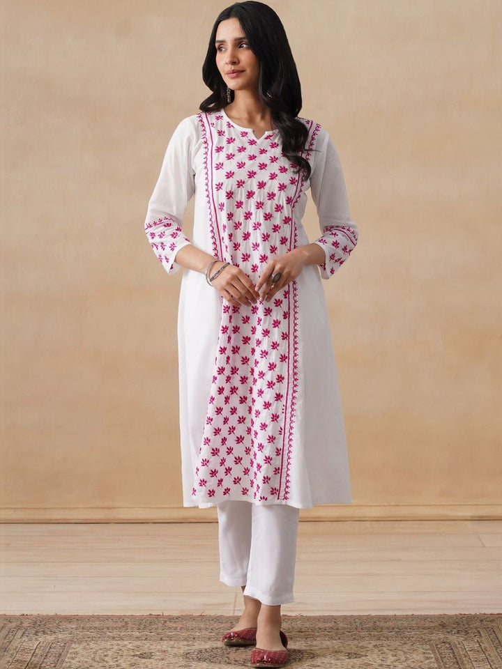 House of Chikankari Women Solid White Cotton A-Line Kurta