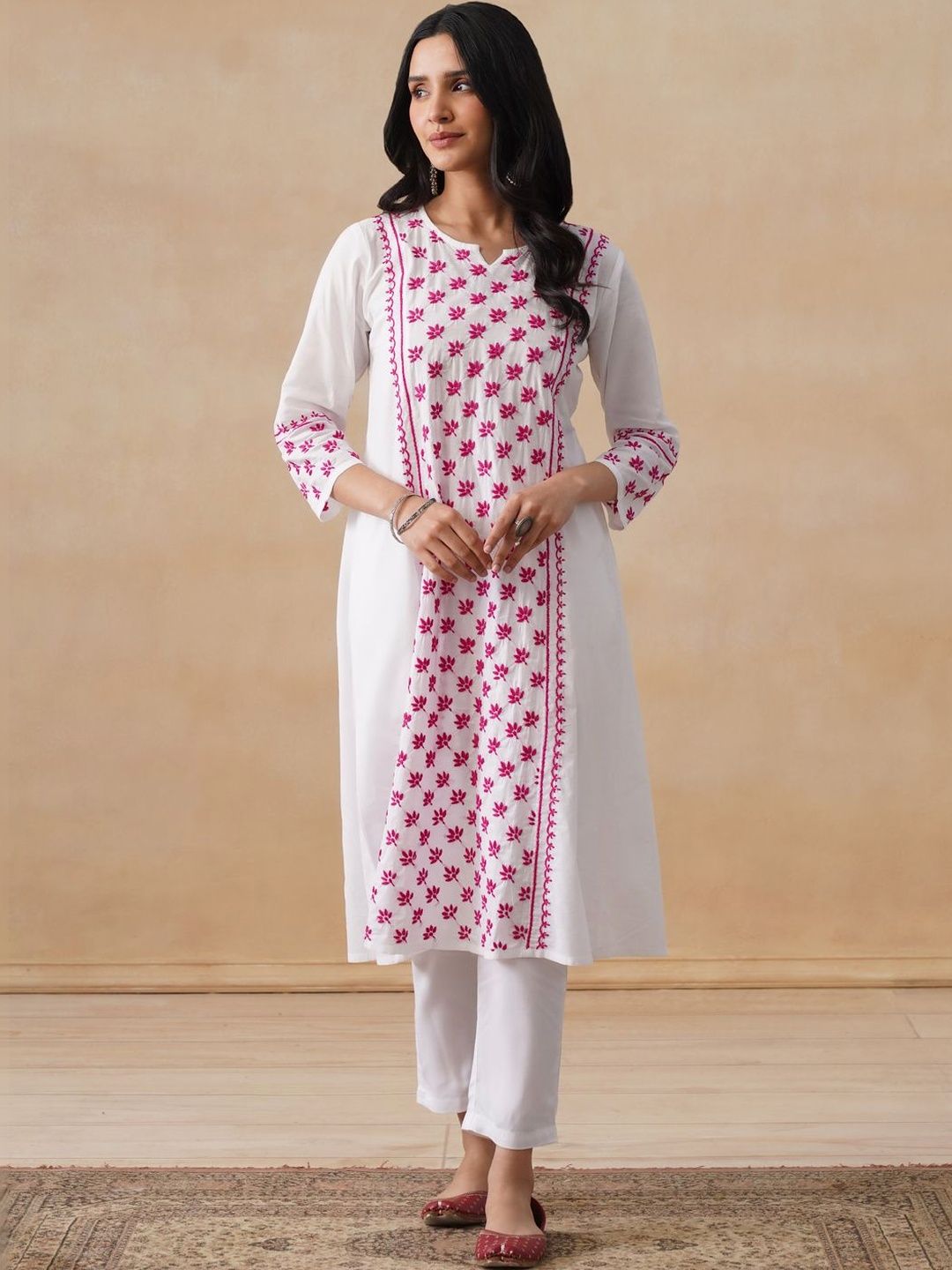 House of Chikankari Women Solid White Cotton A-Line Kurta