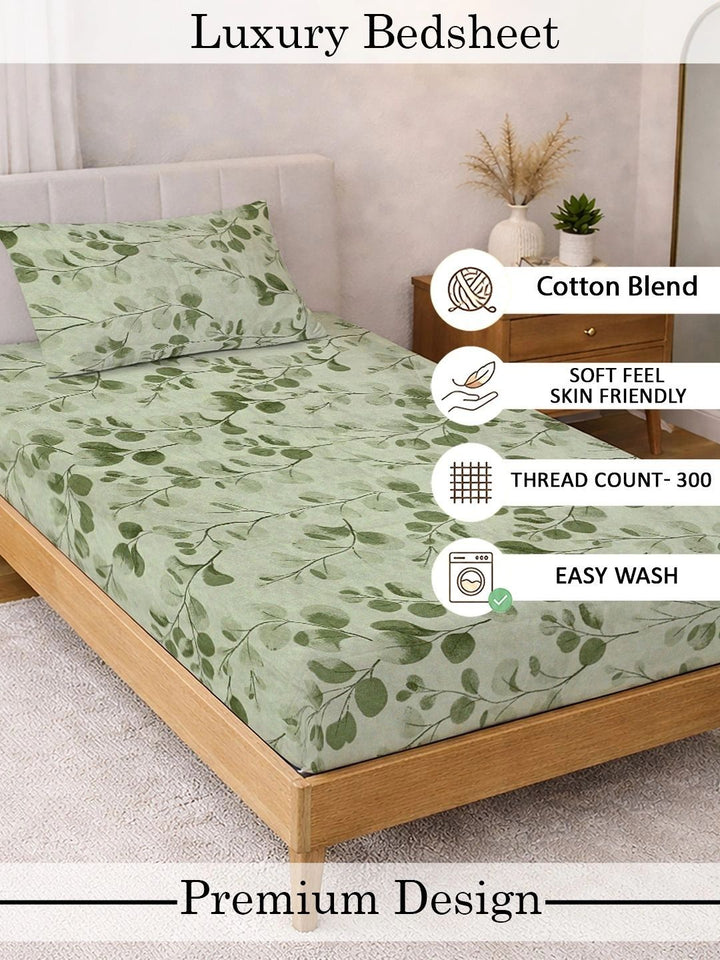 Myntra Elegant Homes Green Floral 300 TC Cadar Katil Bujang dengan 1 Sarung Bantal