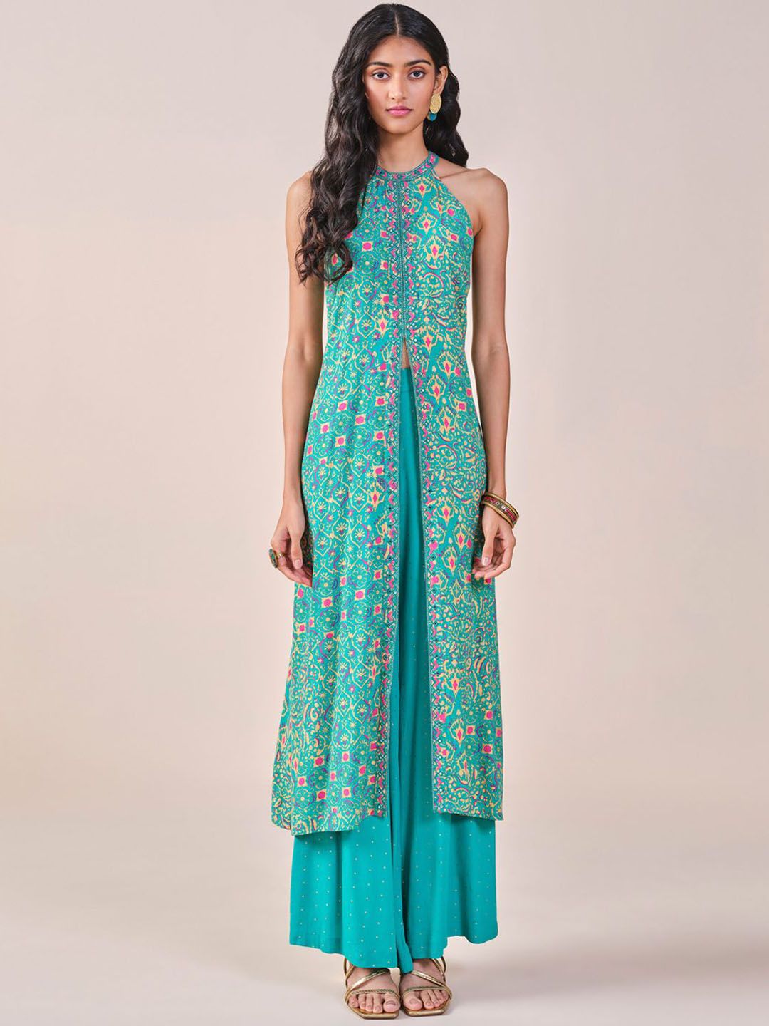 Global Desi Ethnic Motifs Printed Halter Neck Kurta with Palazzos