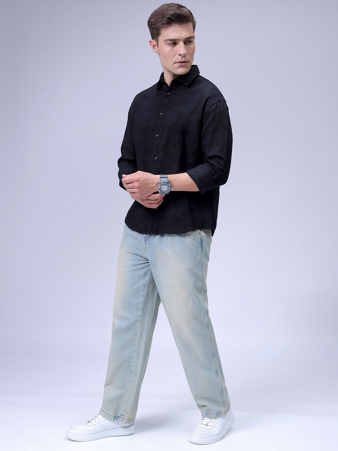 The Indian Garage Co Relaxed Fit Spread Collar Textured Cotton Casual Shirt