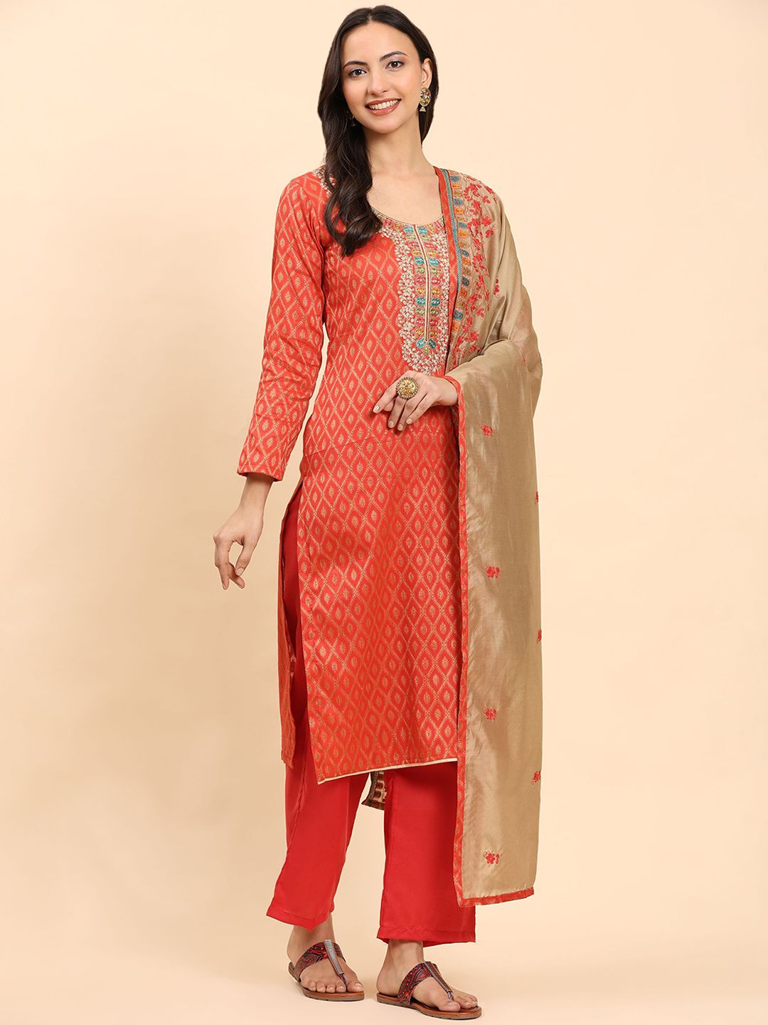 Mamicha Women Floral Embroidered Regular Pure Cotton Kurta with Palazzos & With Dupatta