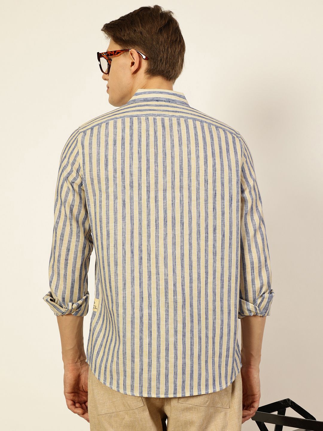 Thomas Scott Men Premium Spread Collar Vertical Striped Linen Slim Fit Casual Shirt