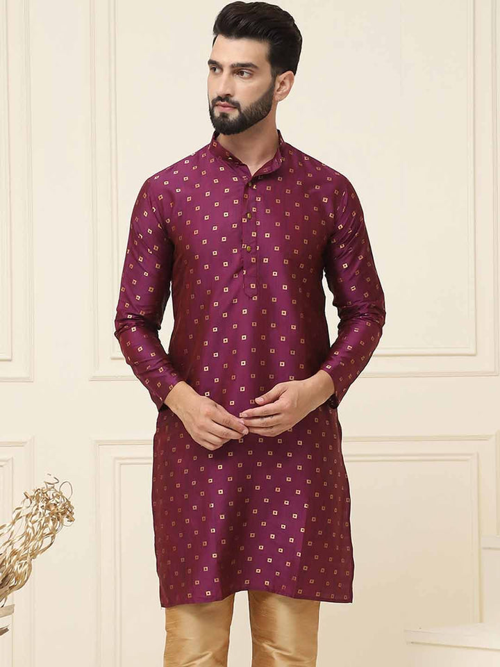 SOJANYA Geometric Woven Design Band Collar Long Sleeves Regular Silk Straight Kurta