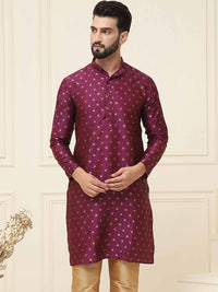 SOJANYA Geometric Woven Design Band Collar Long Sleeves Regular Silk Straight Kurta