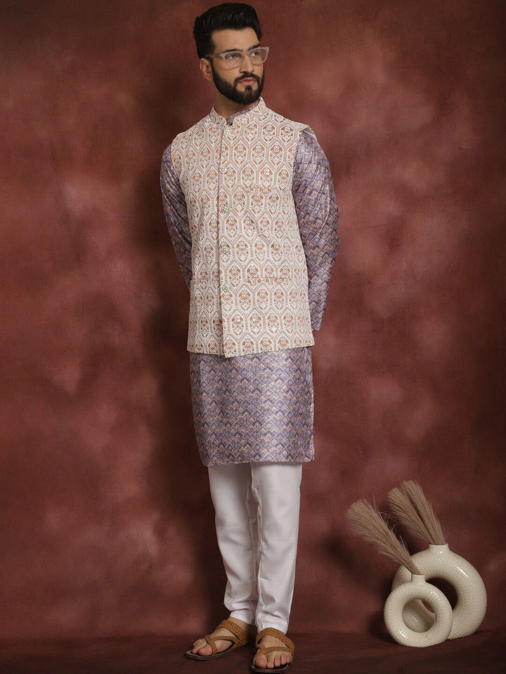 Anouk Striped Mandarin Collar Knee Length Regular Kurta with Churidar