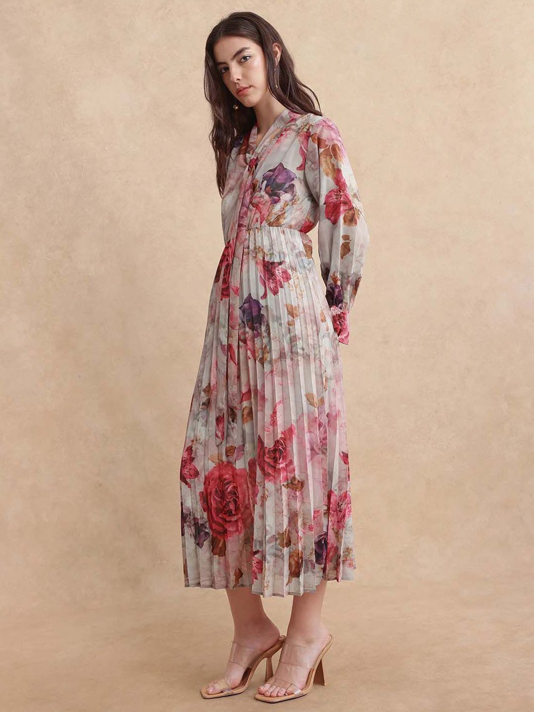 RAREISM Floral Print Tie-Up Neck A-Line Maxi Dress