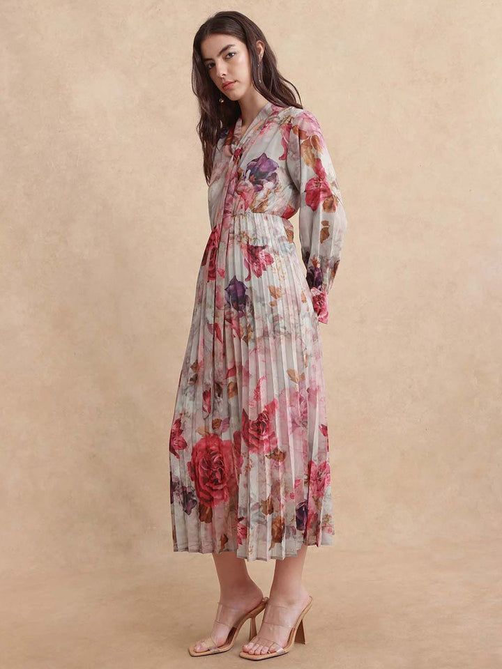 RAREISM Floral Print Tie-Up Neck A-Line Maxi Dress