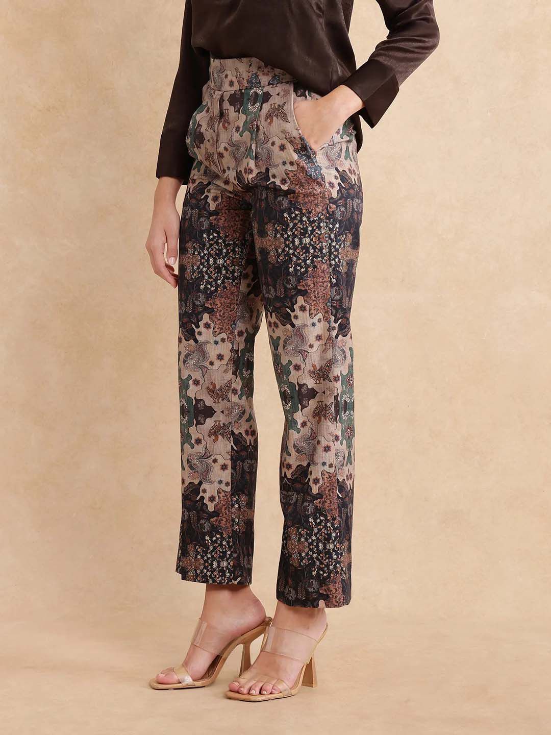 RAREISM Women Cotton Printed Comfort Straight Fit High-Rise Trousers