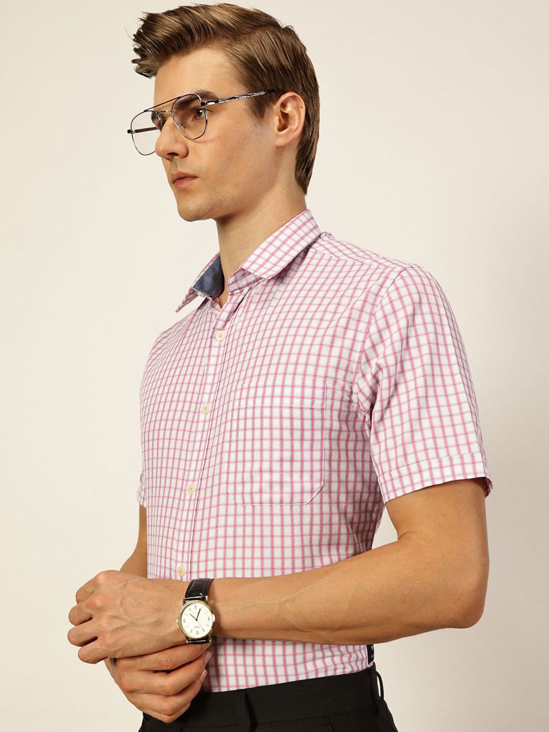 Thomas Scott Men Smart Spread Collar Gingham Checked Cotton Formal Shirt