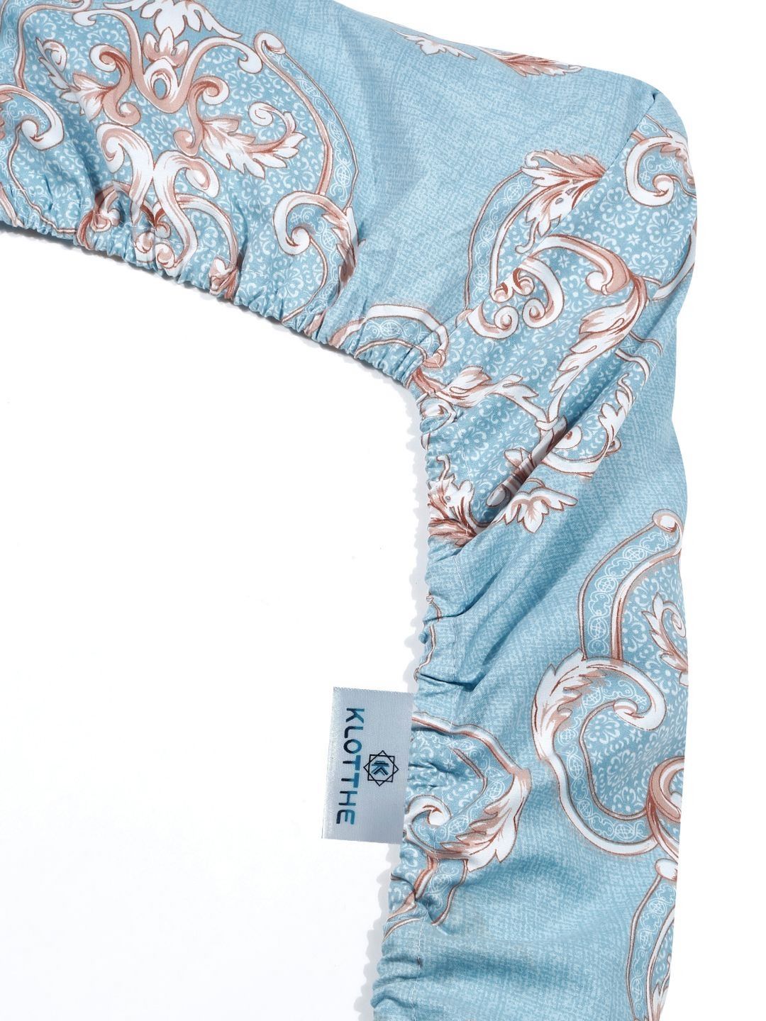 KLOTTHE Blue Ethnic Motifs Polycotton 300 TC Fitted King Fine Bedsheet with 2 Pillow Covers-98 x 89 inches