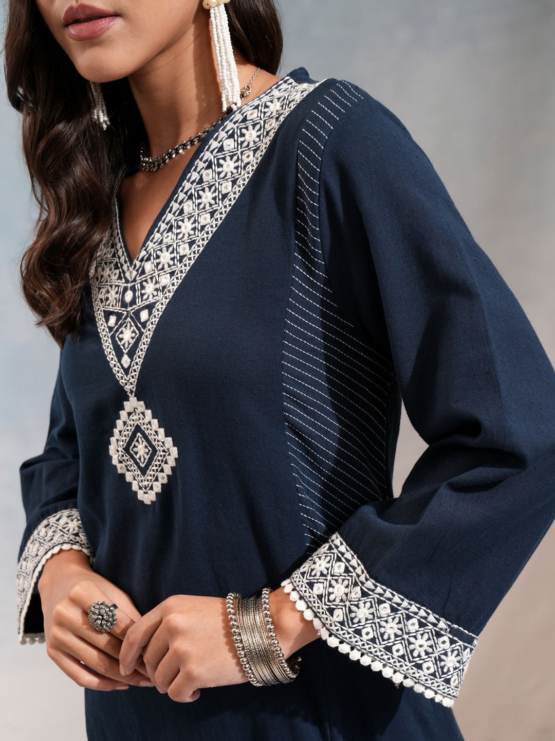 Vishudh Floral Embroidered V-Neck Panelled Mirror Work Kurta With Trousers