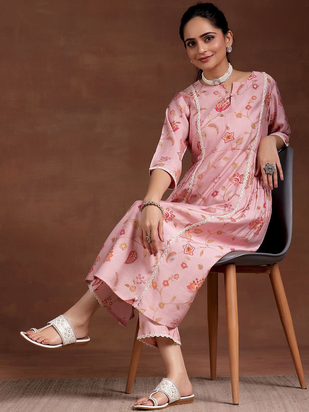 Libas Women Floral Printed Pleated Beads and Stones Kurta with Trousers