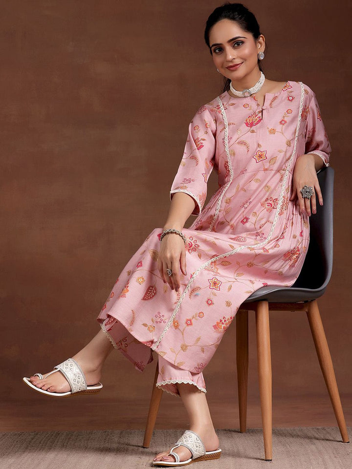 Libas Women Floral Printed Pleated Beads and Stones Kurta with Trousers