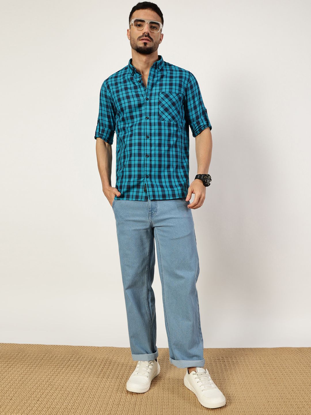 Thomas Scott Men Premium Slim Fit Opaque Checked Casual Shirt