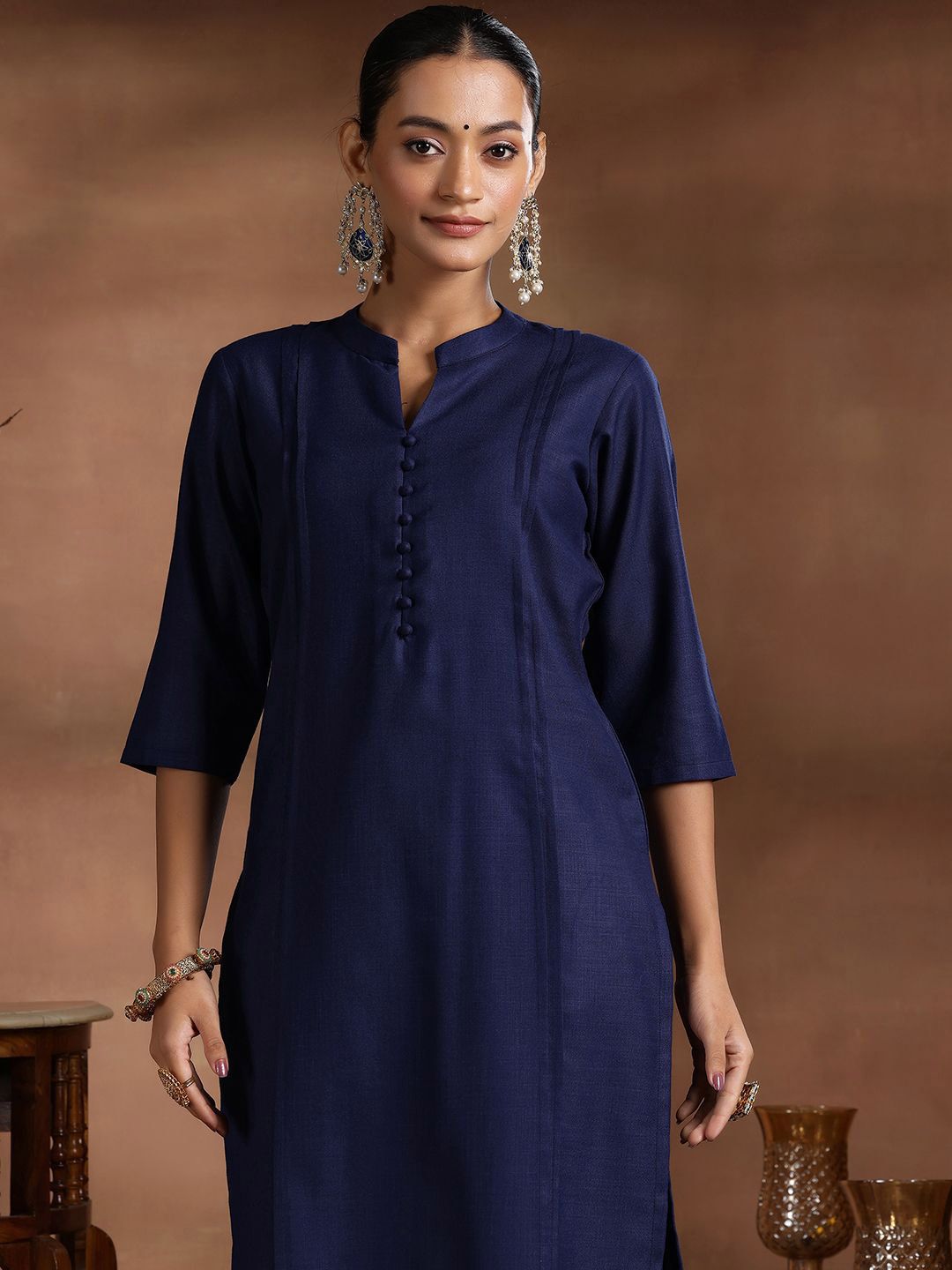 Libas Mandarin Collar Pleated Straight Kurta with Trousers & Dupatta
