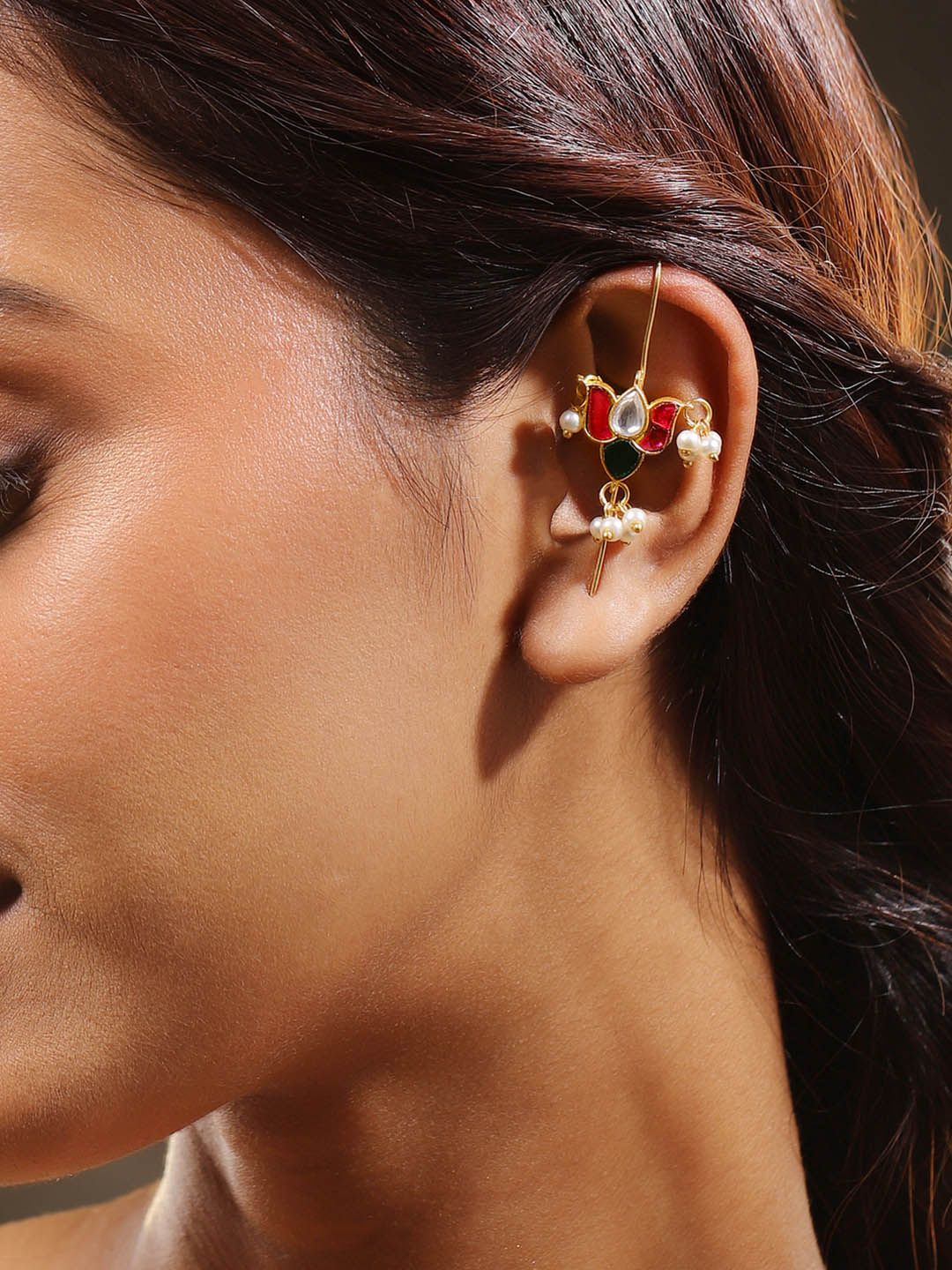 Rubans 22K Gold-Plated Ruby, Emerald, Kundan Studded & Pearls Beaded Lotus Shaped Ear Cuff